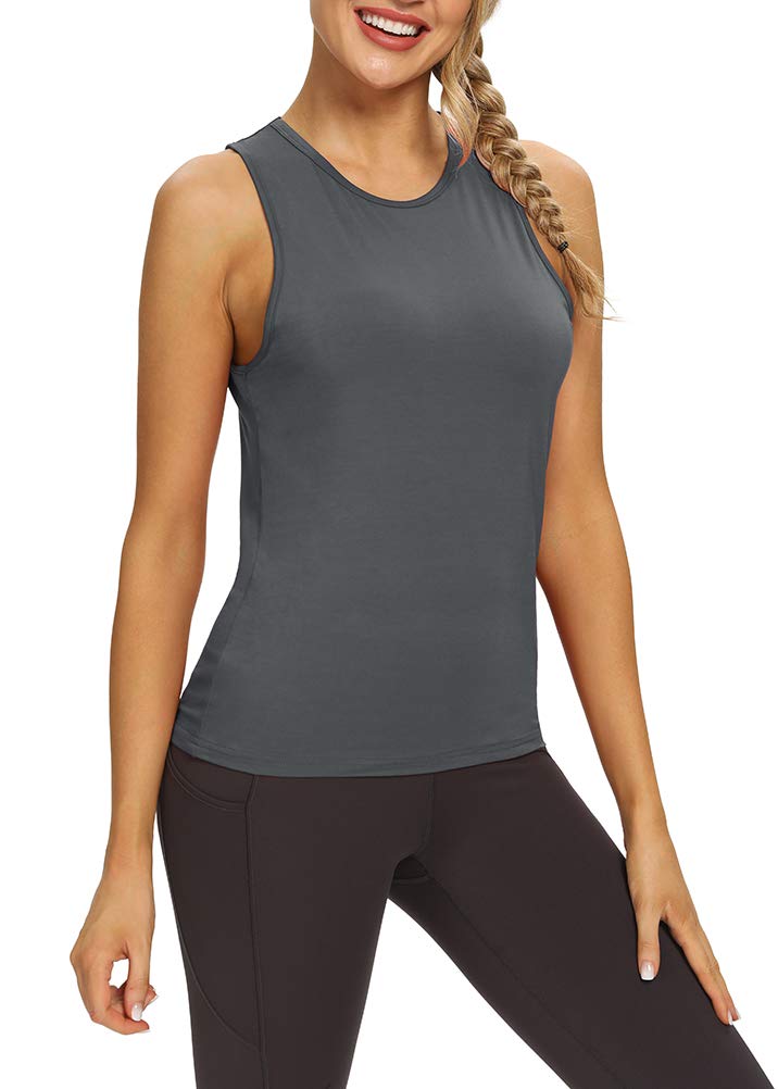 Mippo Open Back Workout Tops Yoga Athletic Shirts Tennis Muscle Tank Workout Tank Tops for Women Loose Fit Dark Gray M - Image 4